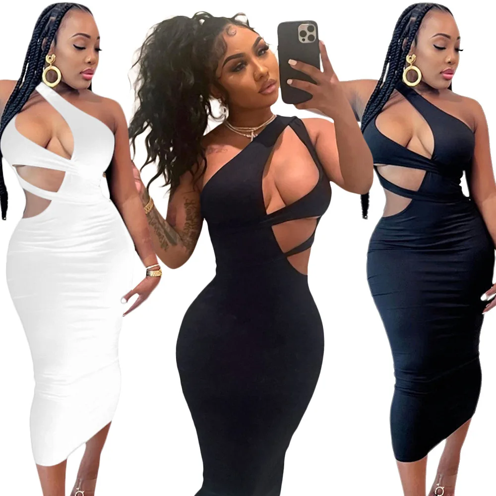 Dropshipping New Arrivals Cut Out Solid Bodycon One Shoulder Women Dresses Summer 2022 Women Clothing