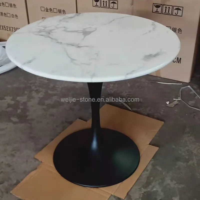 Mid Century Furniture Gold Leaf And White Marble Tulip Round Dining Table
