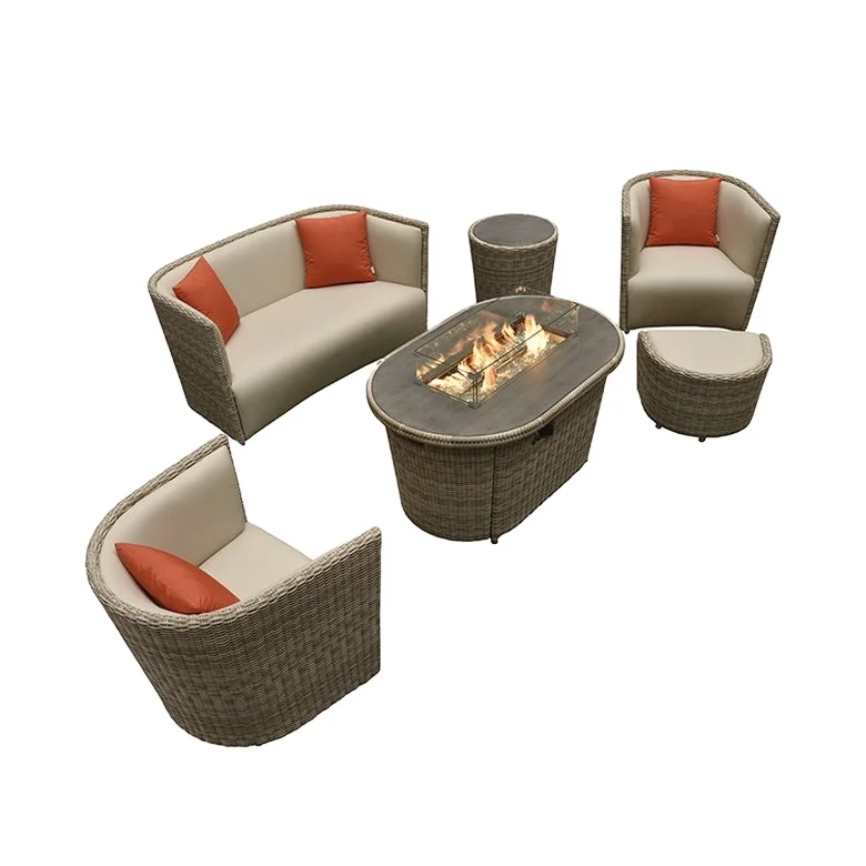 Factory Wholesale PE Wicker Fashion Rattan Garden Furniture Set Table Fire Pit Outdoor Sofa Set