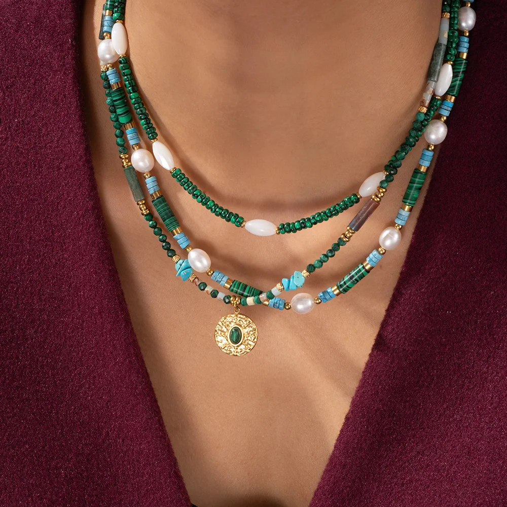 Protection Healing Jewelry Natural Stone Green Malachite Necklace Pearl Shell Tube Malachite Bead Necklace For Women Men