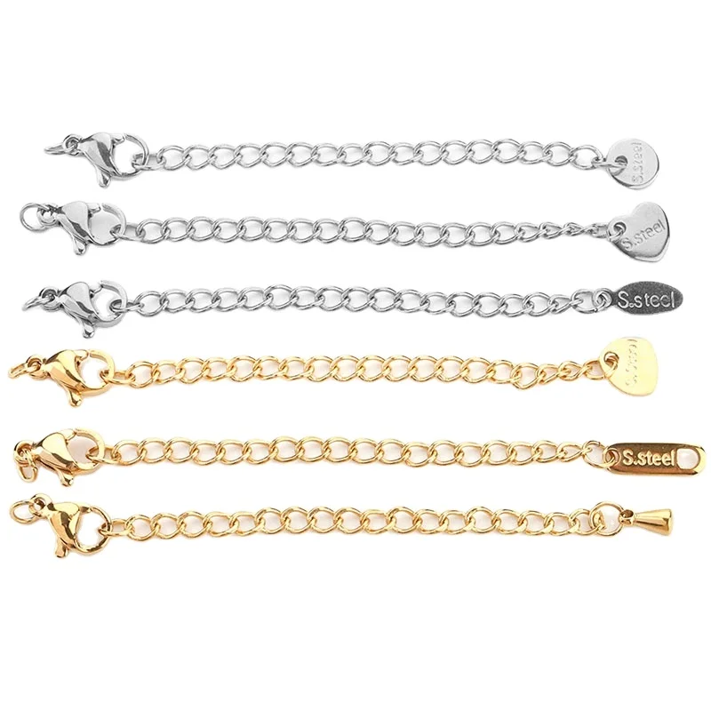 Wholesale Gold Plated Stainless Steel Extension Chains for Necklaces & Bracelets with Lobster Clasp and Various End Tags