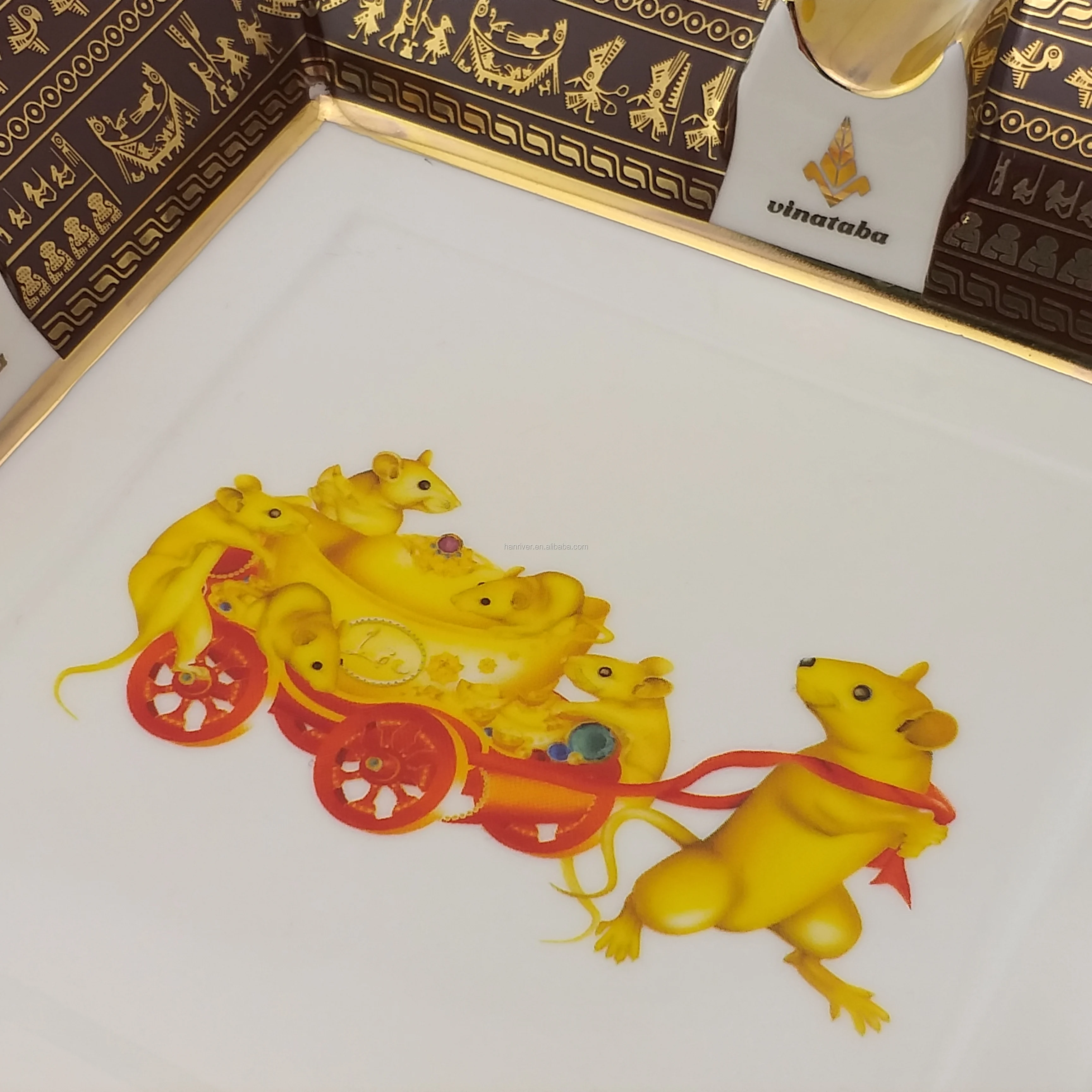 New bone china square ceramic cigar ashtray with customized logo and hand paint 4 full gold cigar rest