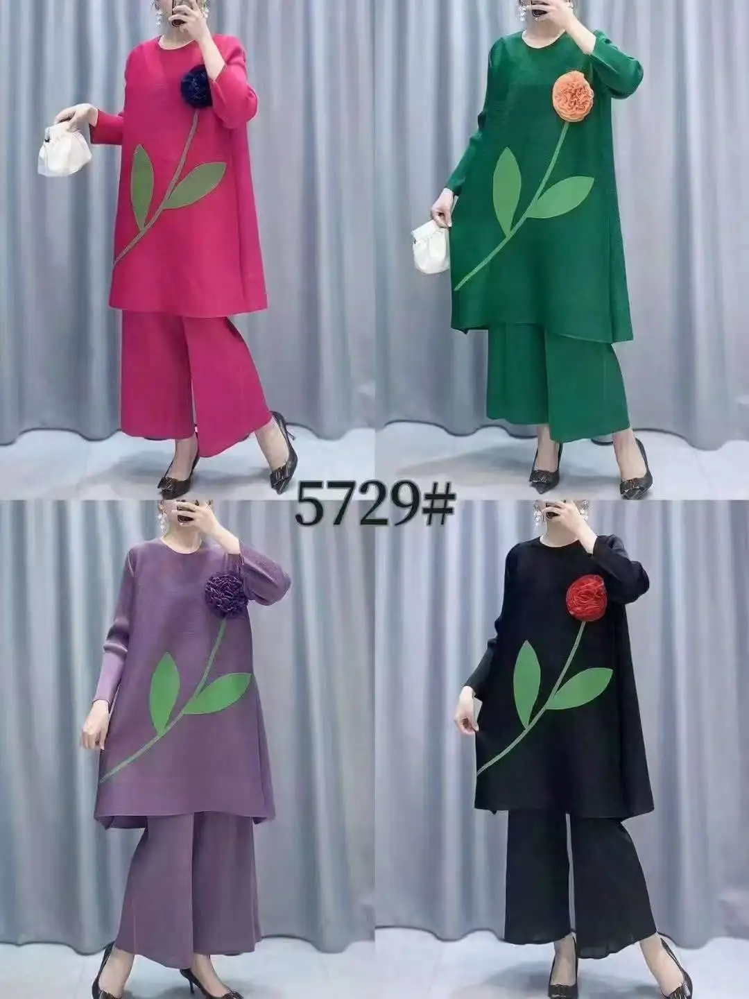 Latest Autumn Floral Print Design Indian Wear Plus Size Straight Miyake Pleated O-Neck  Chiffon Breathable  Two Pieces set