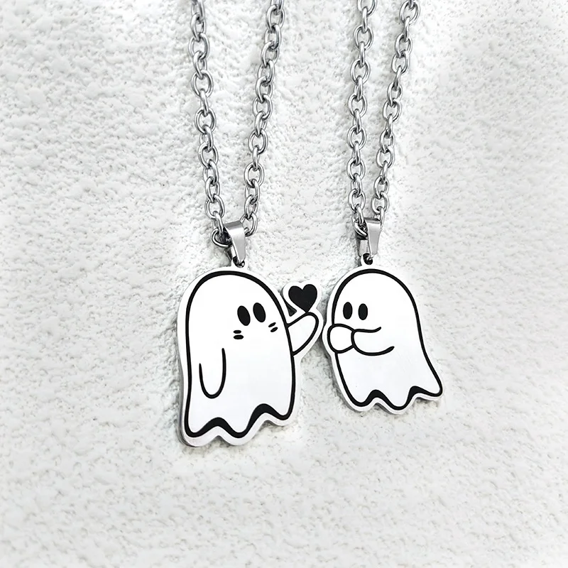 New Creative Stainless Steel White Hip Hop Girl Necklace Halloween Cartoon Ghost Pendant Necklace