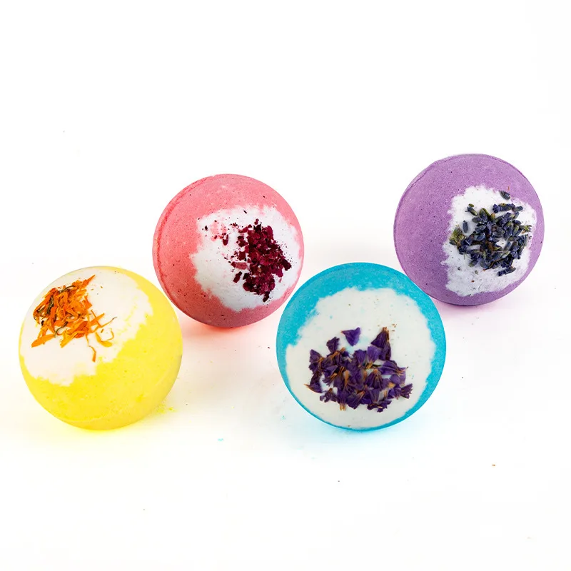 Wholesale OEM scented SPA Foaming salt ball with dry flower colorful bath bombs Essential oil bath ball