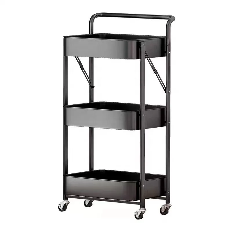 Foryoudecor Customization Kitchen Movable Black 3-Tier Folding Metal Trolley Storage Cart Racks