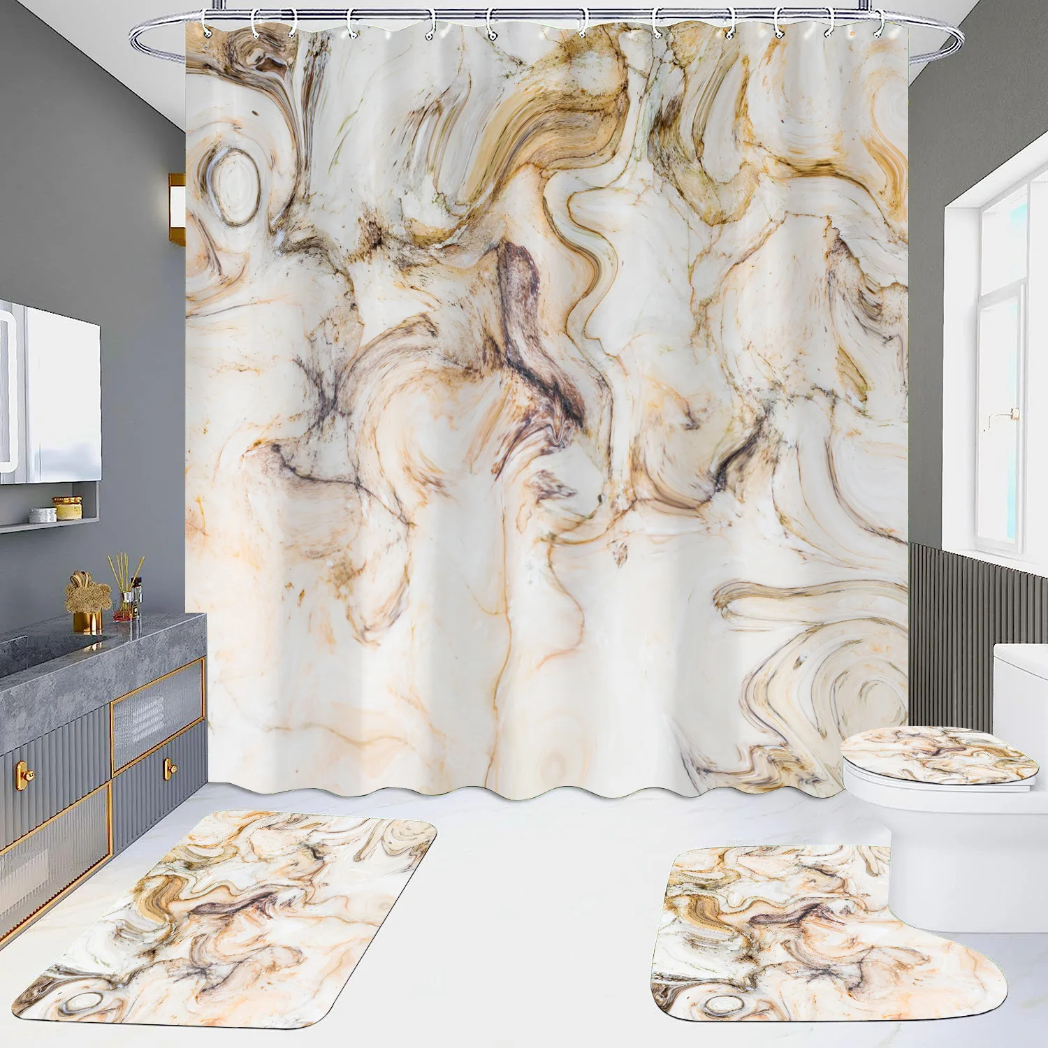 MU 2025 Top Sale 4pc Shower Curtain Bath Set Marble Digital Printing Waterproof Shower Curtain Set For Bathroom