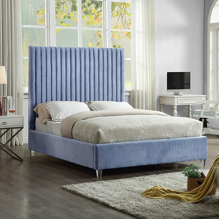 
Bedroom upholstered queen high headboard metal couple sex california king size slat platform crushed velvet bed 