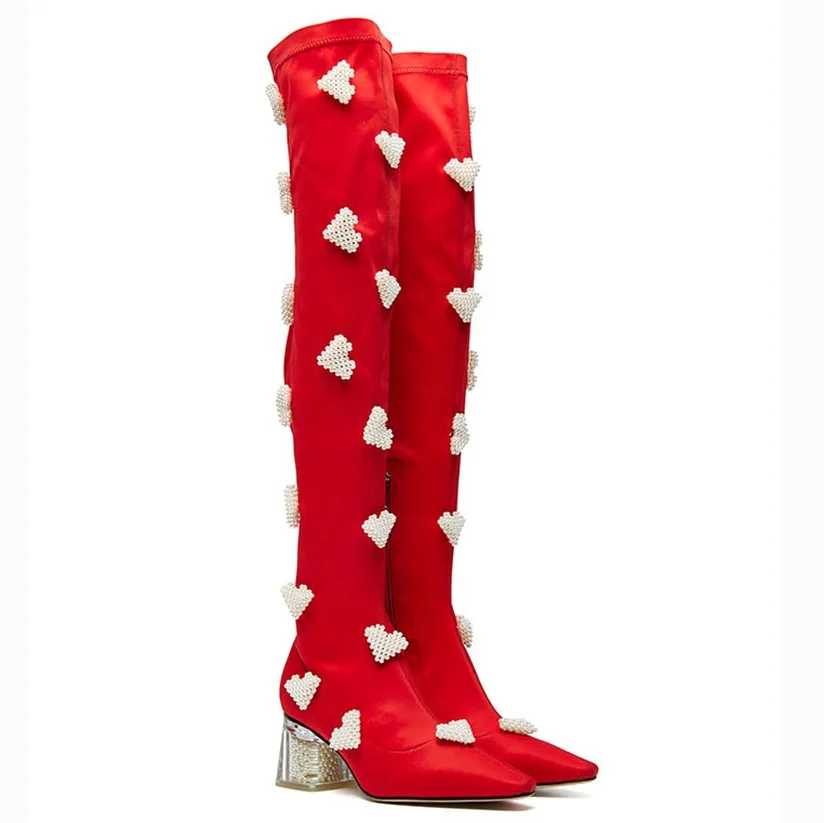 high quality winter heel microfiber elastic fabric pearl heart design over the knee high chunky heel glass heel boots for women