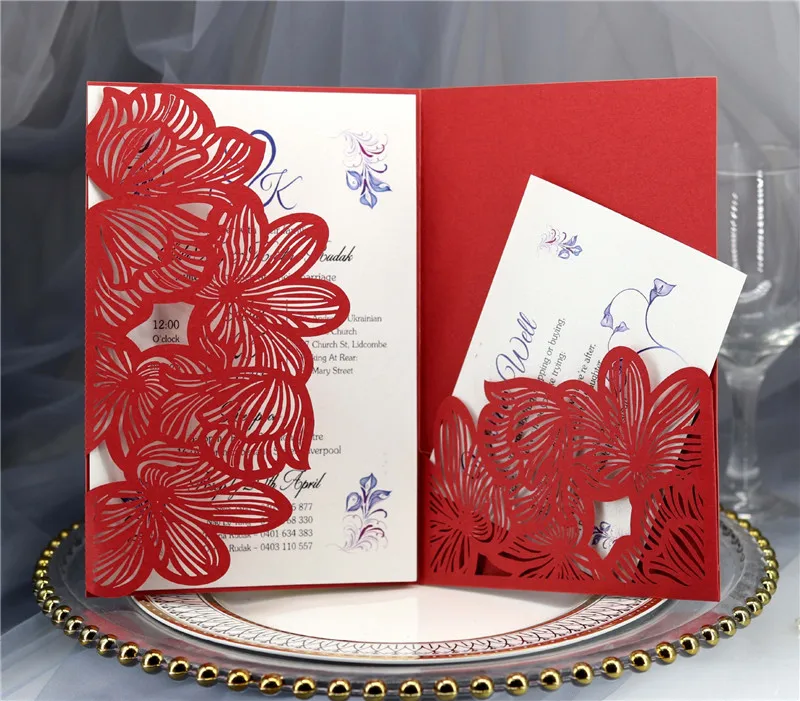 Black Trifold laser cut invitations Wedding Invitation Cards Pockets Laser Cut Flora Greeting Card for for Wedding Bridal Shower
