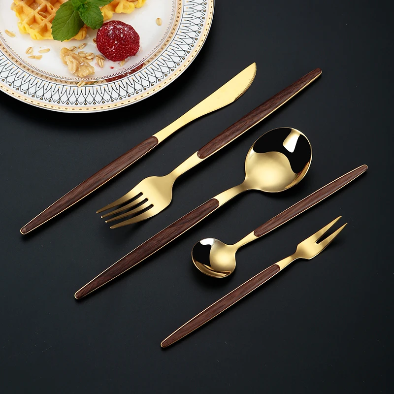 5pcs Stainless Steel Wooden Handle Cutlery Set Dinnerware Clamp Western Tableware Knife Fork Tea Spoon