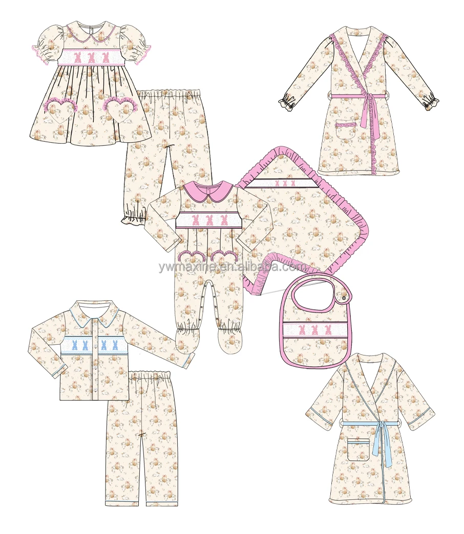 Easter Bunny Egg Designs Children Smocked Clothing OEM Kids Cotton Romper Pajamas with Baby Grow Blankets
