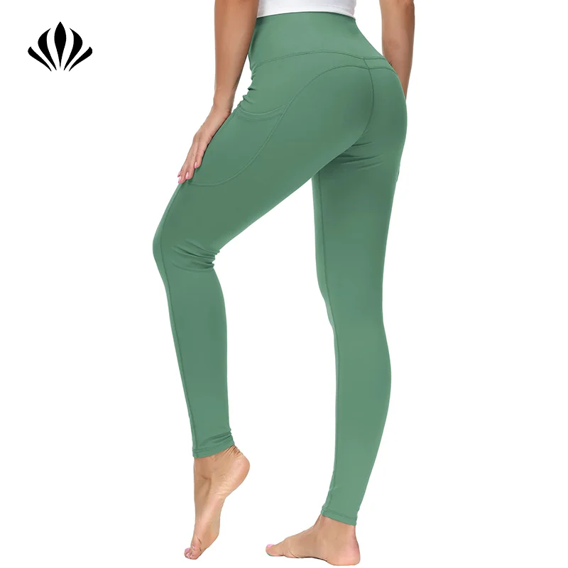 Customized Solid Long Wide Waistband Skin Tight Sports With Pockets Yoga Wear Pants Leggings