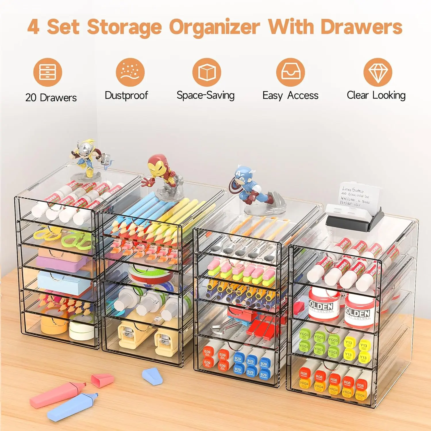 Clear Makeup Drawer Storage Organizer Box Dustproof 20 Drawers 4 Set Cosmetic Storage Bin Acrylic Office Desk Organizer