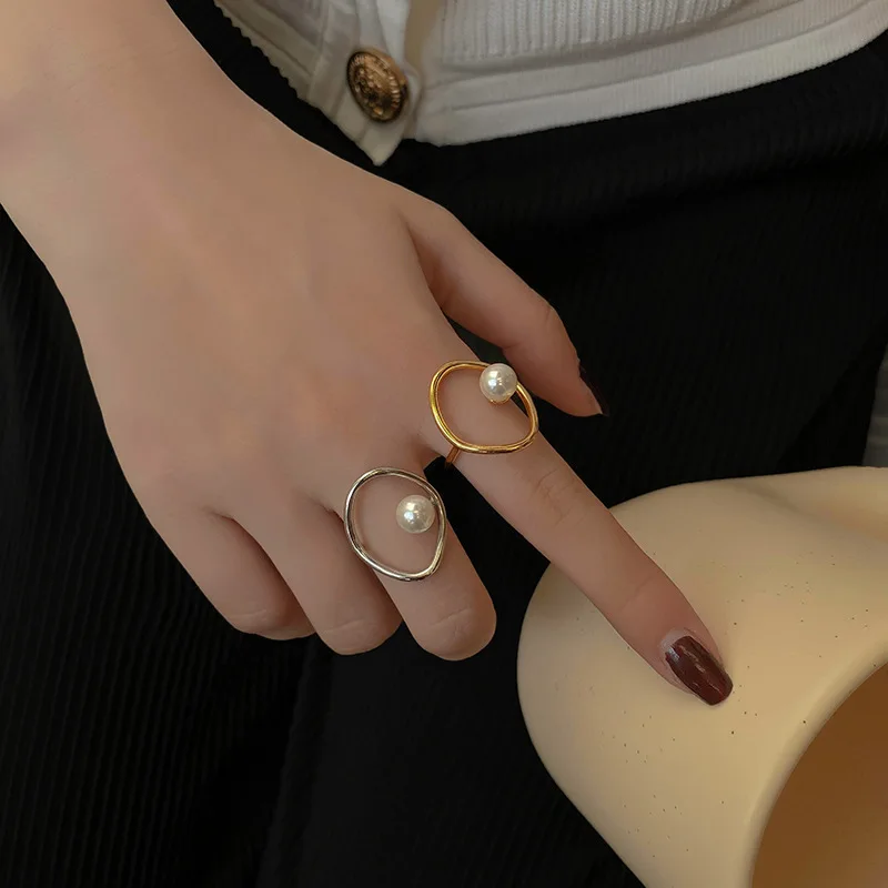 Female Simple Personality Hollow Adjustable Ring Hot-selling Geometric Open Ring Trendy Temperament Pearl Ring