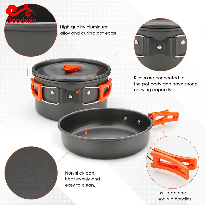 Camping Cookware Mess Kit with Folding Stove Lightweight Pot Pan Kettle Set with Plates Forks Knives Spoons