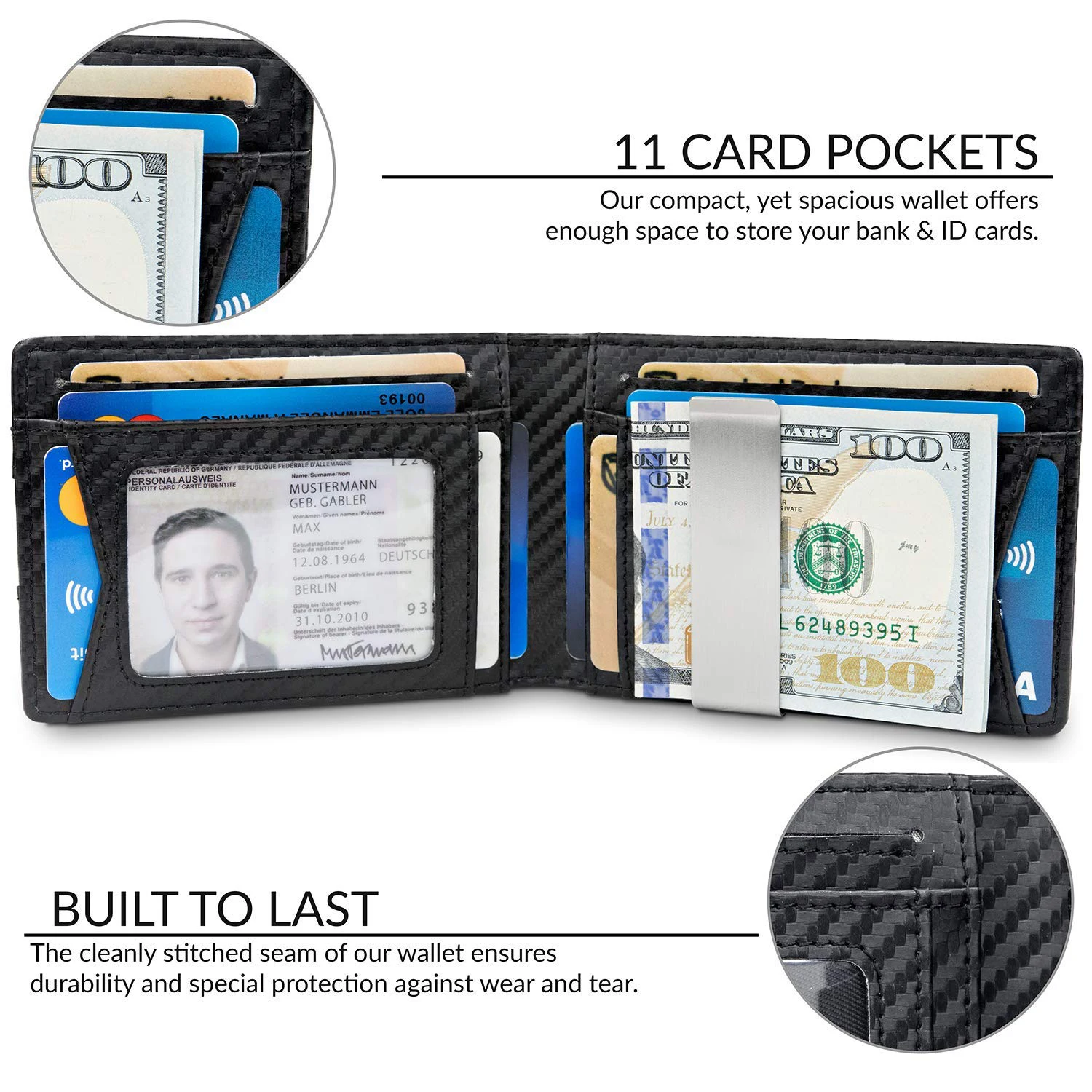 Mens Genuine Leather Slim Minimalist Wallet Amazon with Money Clip RFID Blocking Bifold Credit Card Holder for Men OEM