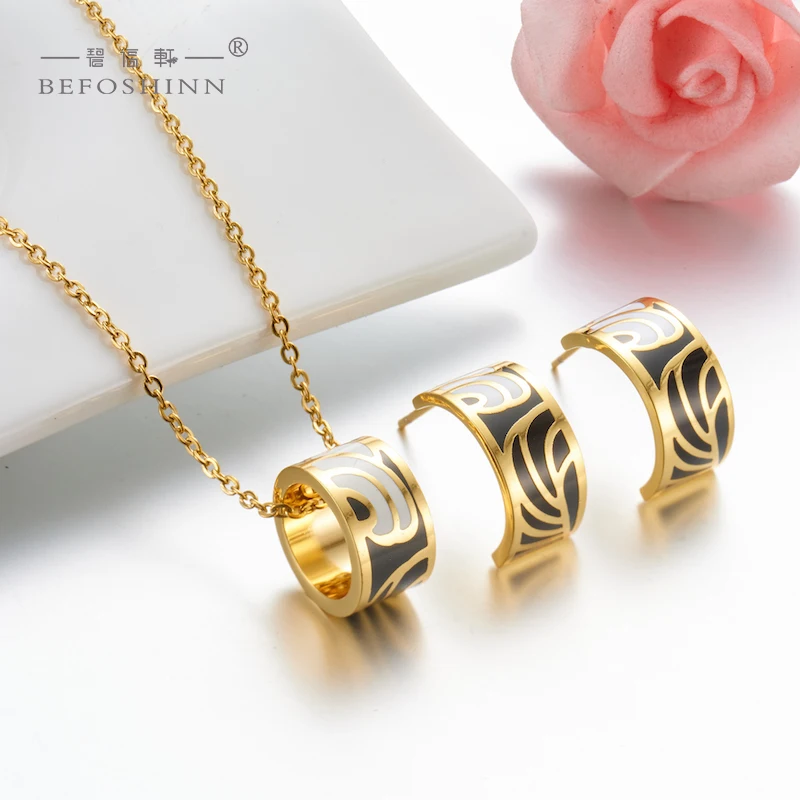 Trendy Oil Drop Enamel Gold Plated Jewelry Sets Gold Stainless Steel Jewelry