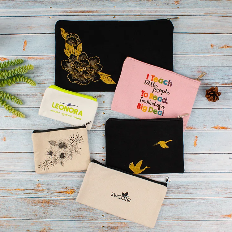 custom gold printing canvas makeup bag with zipper