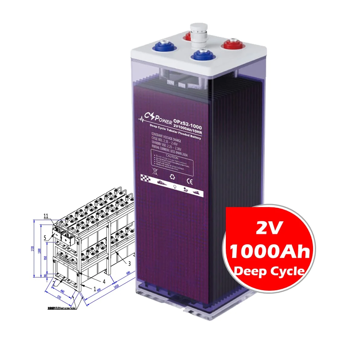 CSPower 2V1000Ah резервная энергетическая трубчатая батарея глубокого цикла для системы возобновляемой энергии VS:sunpal OPzS2-1000 10OPzS1000 ZYL