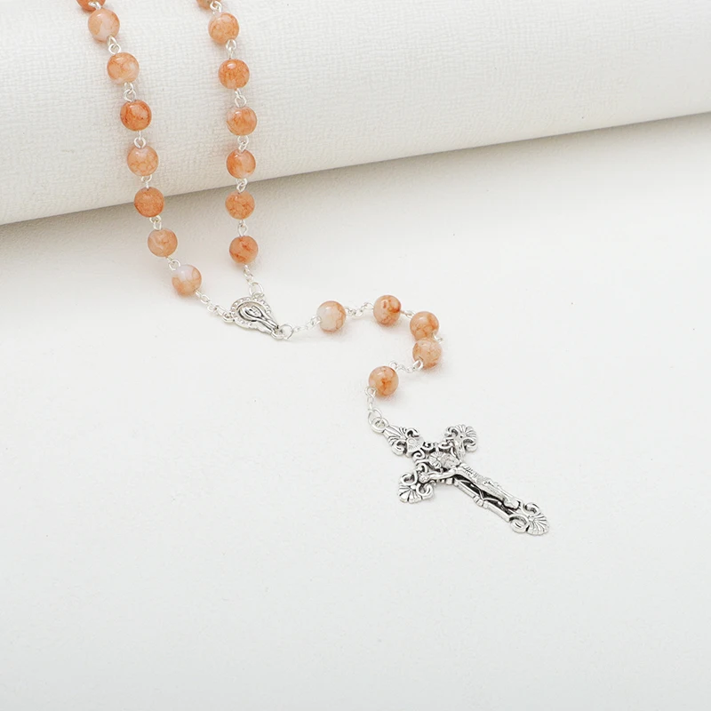 Hot Holy Catholic Blue Glass Stone Beads Rosary Necklace With Sliver Jesus Cross Religious Necklace