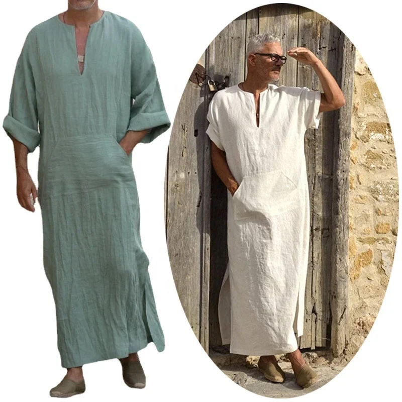 
Mens Ethnic Clothing Cotton Linen Robe White Kaftan Caftan Thobe V Neck Loungewear Long Night Gown Casual Beach Shirt 