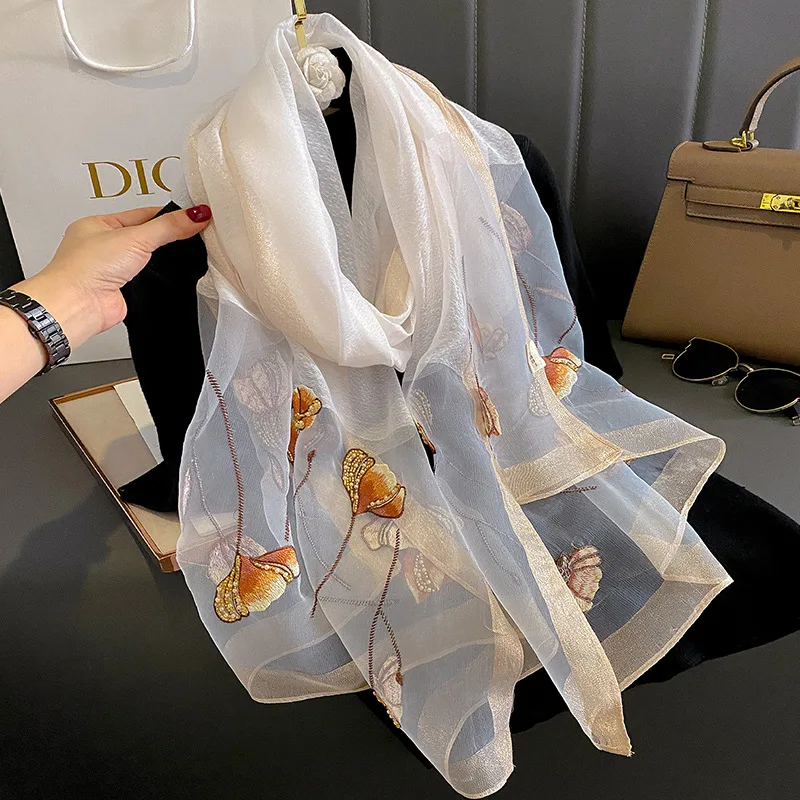 Ready to ship 2024 spring summer ladies silk wool blend scarves elegant floral Embroidery Silk Shawl Scarf for Weddings