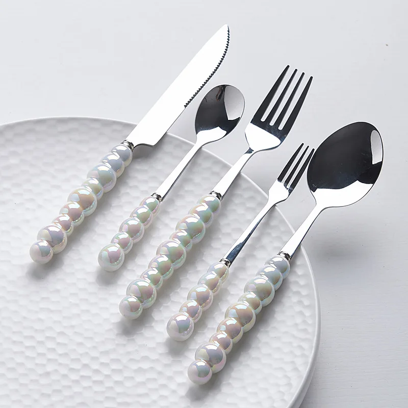 High Quality Pearl Ceramic Handle Stainless Steel Spoon Fork Knife with Gift Box stainless steel cutlery set