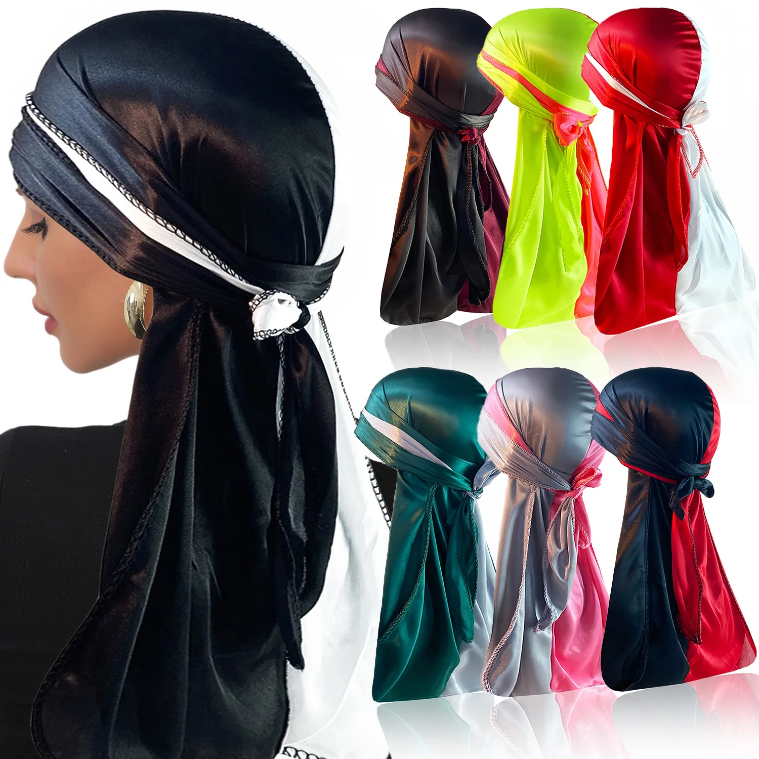 Hip Hop Rapper Two Tone Du Doo Do Rags Pirate Cap Long Tail Headwraps Silky Durag For Men Women 360 Wave