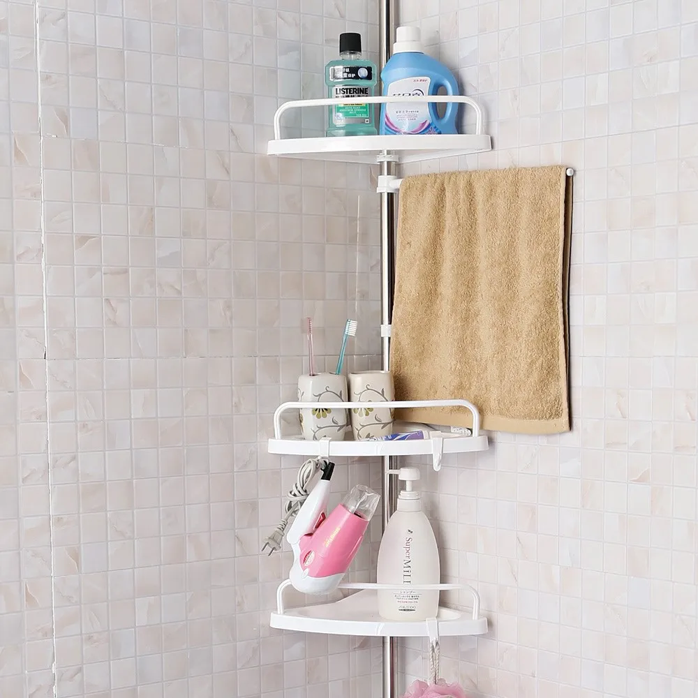 4 Tier wall mounted Telescopic Bathroom Corner Shower Caddy PP plate in white color bathroom shelves   with  a hanging rod