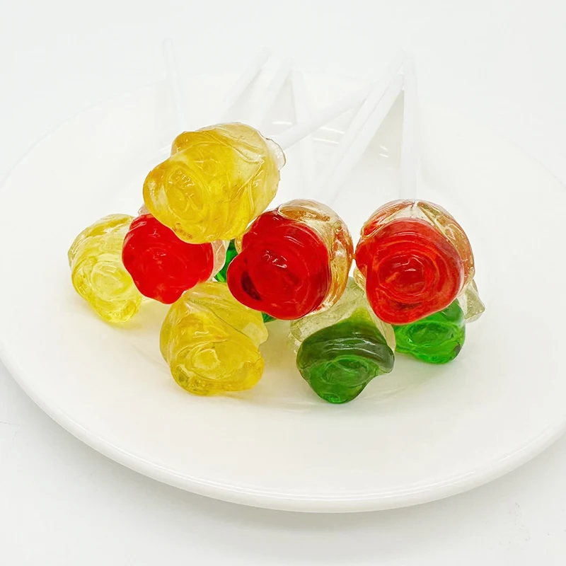 wholesale custom candy halal candy colorful sweet rose shape soft jelly gummy lollipop candy  sweets