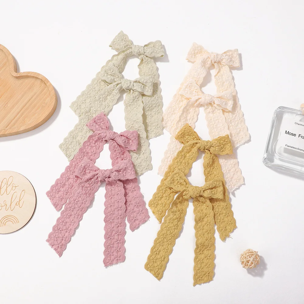 MIO hair clip girls ribbon hair bows blue ribbon bows flower pattern embroidered kids hair clip bow with long tassel