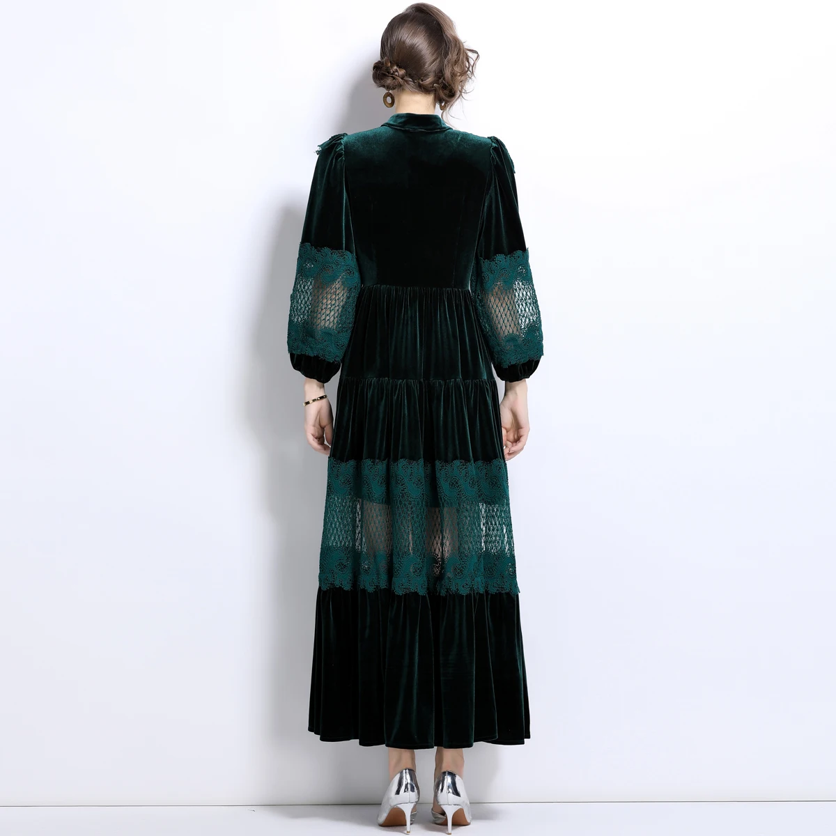 Droma water soluble lace ruffled single row pearl buckle ladies long sleeve beautiful dresses winter loose velvet green dress