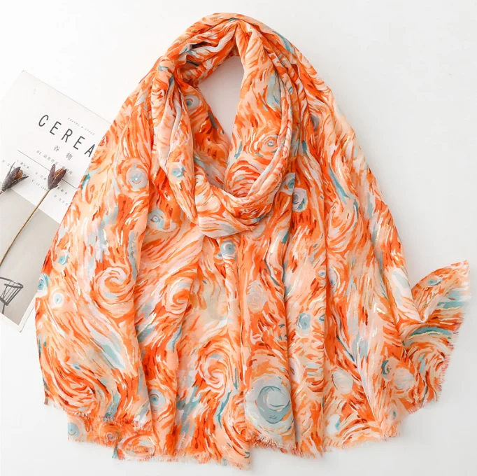 Spring and Summer Cotton and Hemp Feel Scarf Small Fragrant Wind Hot Stamped Dreamy Starry Sky Scarf Warm Shawl for Women