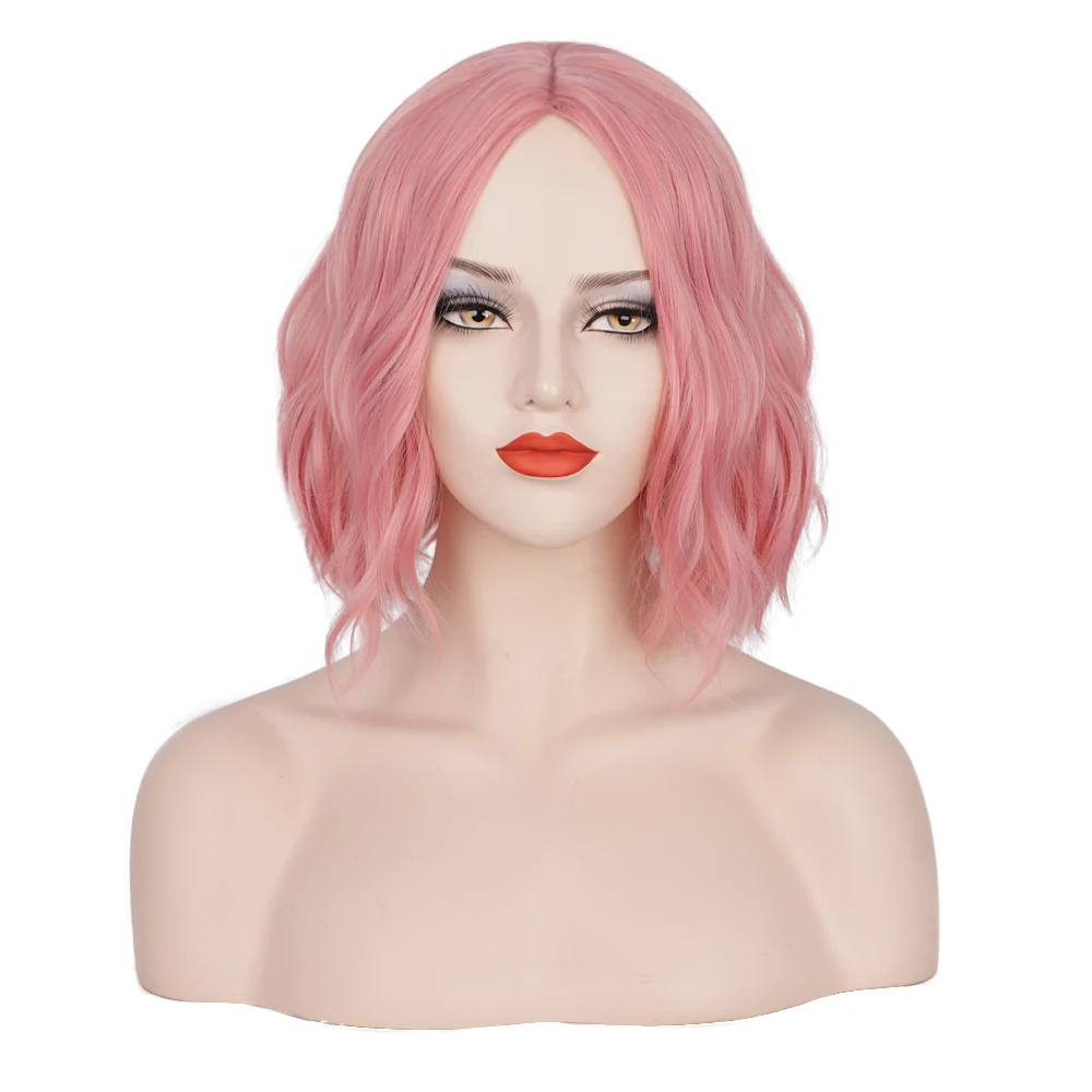 12inch Long HD Pink Water Wave Wig Synthetic Hair Cosplay Wigs