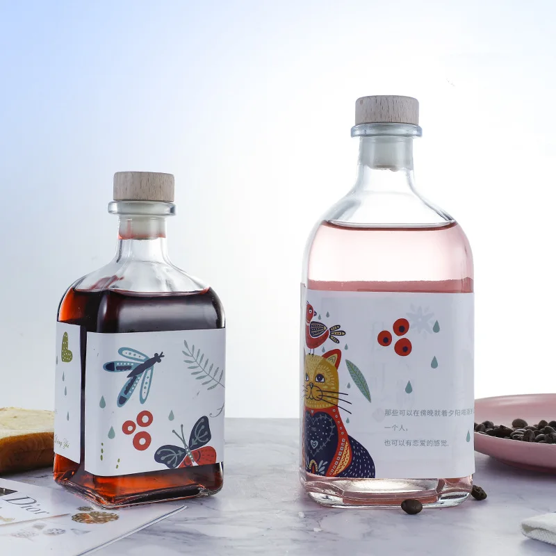 In Stock Multi Size Beverage Containers Thicken Material 16oz Juice Jars Clear Glass Wine Bottles With Wooden Cork Stoppers