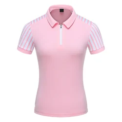 Wholesale stand collar women polo tshirt half zipper in the middle custom printing retro polo shirt with logo