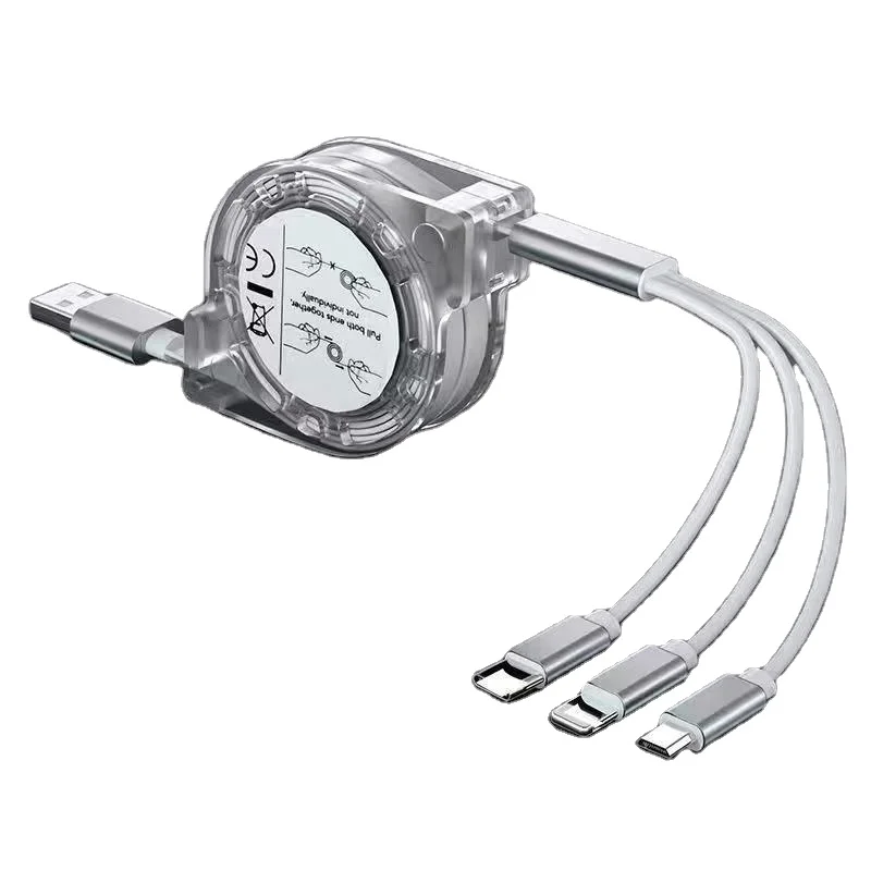 Original 3A fast charging USB data cable, three-in-one charging at the same time, pearlescent retractable USB cable