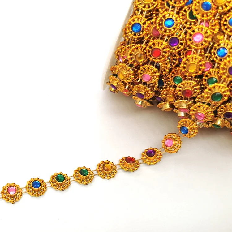 wholesale multicolor flower shape crystal rhinestone fashion gold cup chain roll for women garment decor