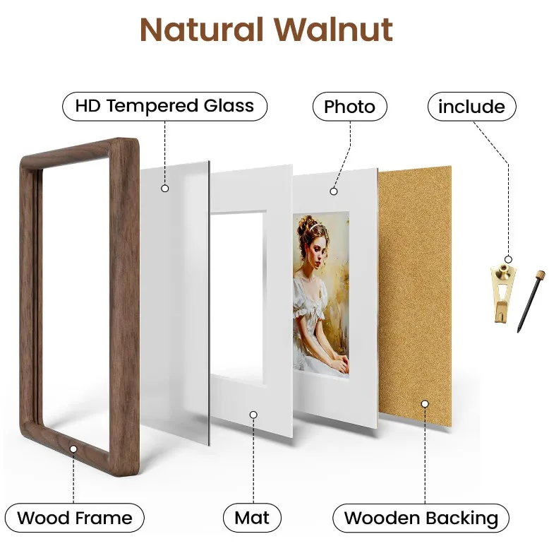 High Quality Creative Natural Walnut Wood Handcrafted 8 X 10 Photo Frame Matted Picture Frame