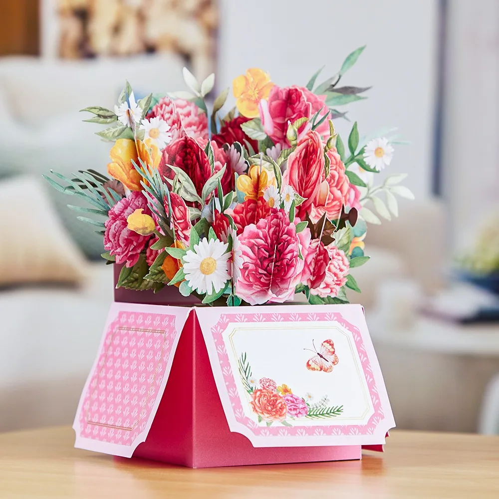 Flower Basket Greeting Card Flower Box Eco-friendly Flower Pop up Cards Hot Sale 3D Paper Mother's Day Gteeting Card