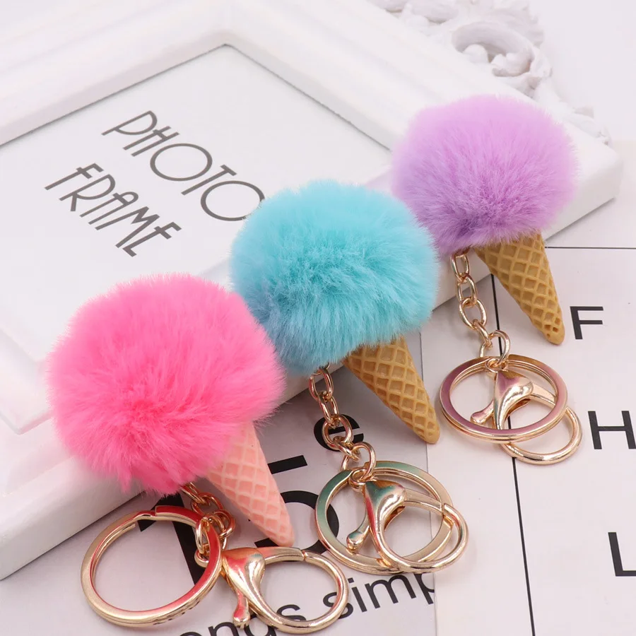 Ding Yi wholesale Fur Puff Key holder Ball Shape colorful Pom pom kids Ice cream Keychain