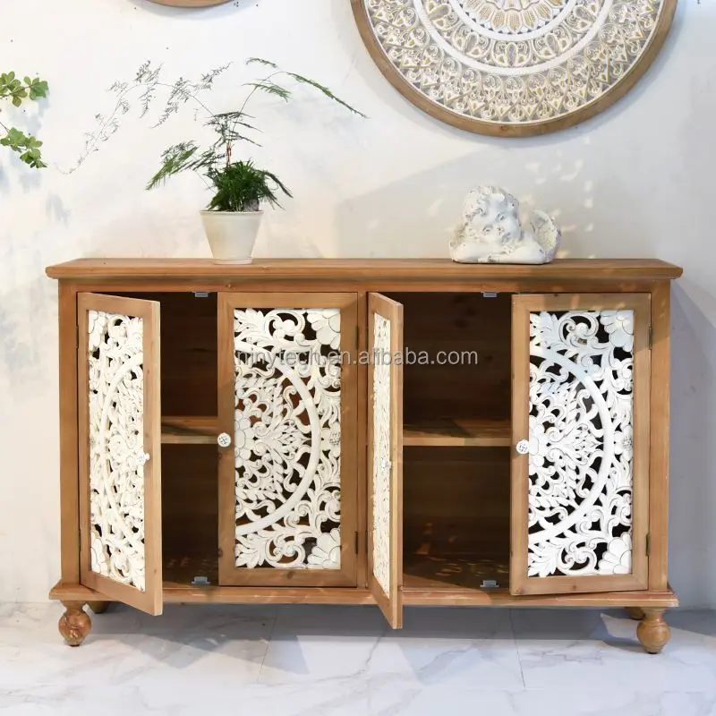 Solid Wood Cabinet Natural Pastoral Farmhouse Storage Sideboards Rustic Carved Decor Home Furniture Living Room Side Cabinets
