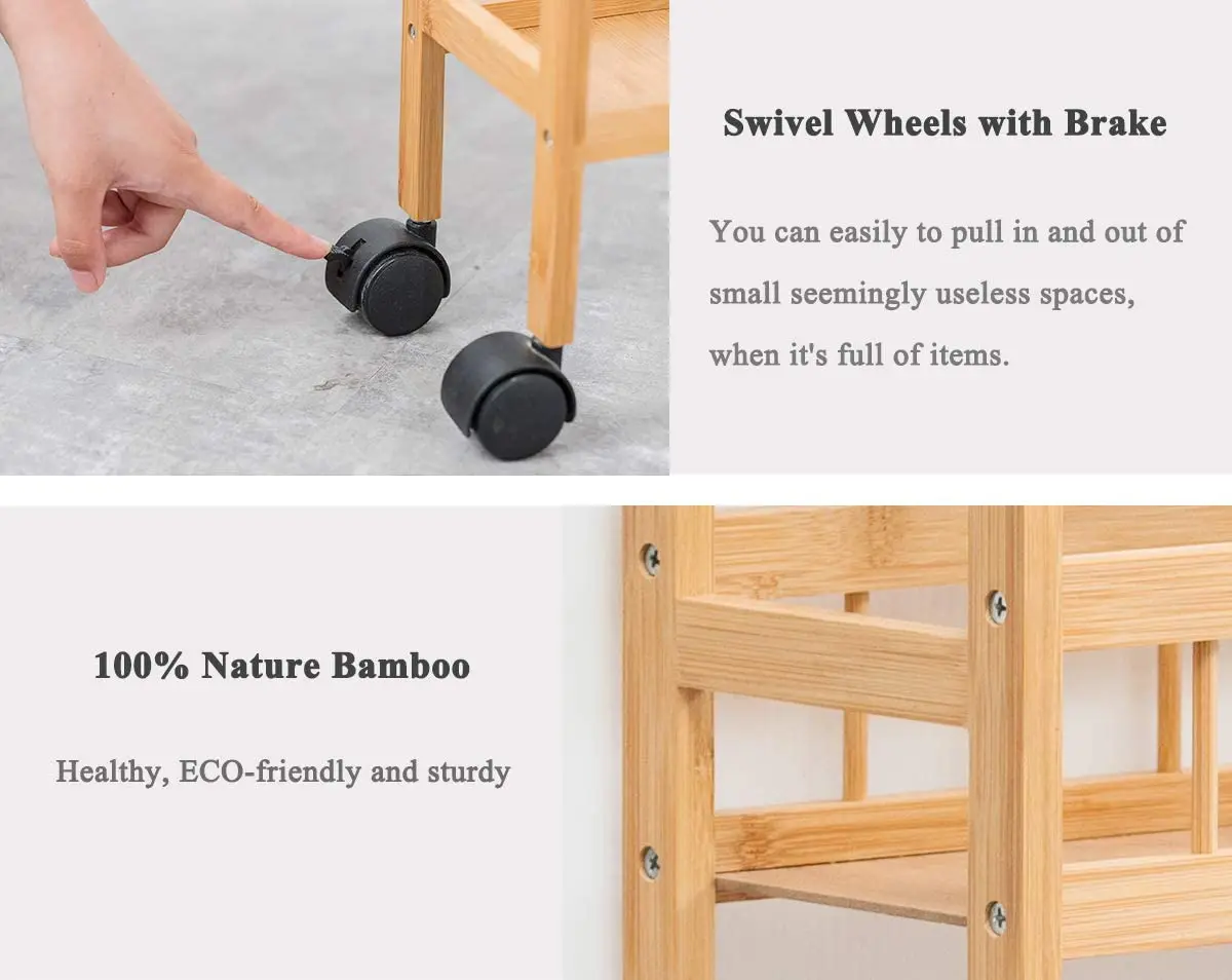 wooden 3-Tier Kitchen Removable Storage Cart Trolley Slim Slide Out Rolling