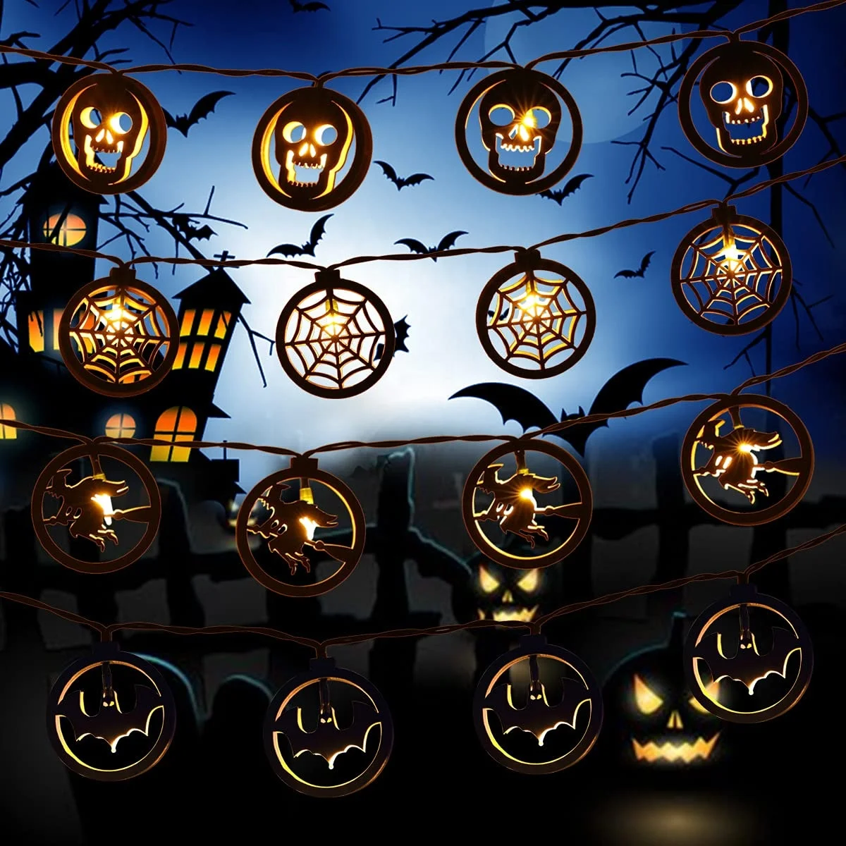 Halloween Bat Witch Skull Spider Web Light String Battery Powered Creative Indoor Outdoor Patio Garden Holiday Decoration Lights
