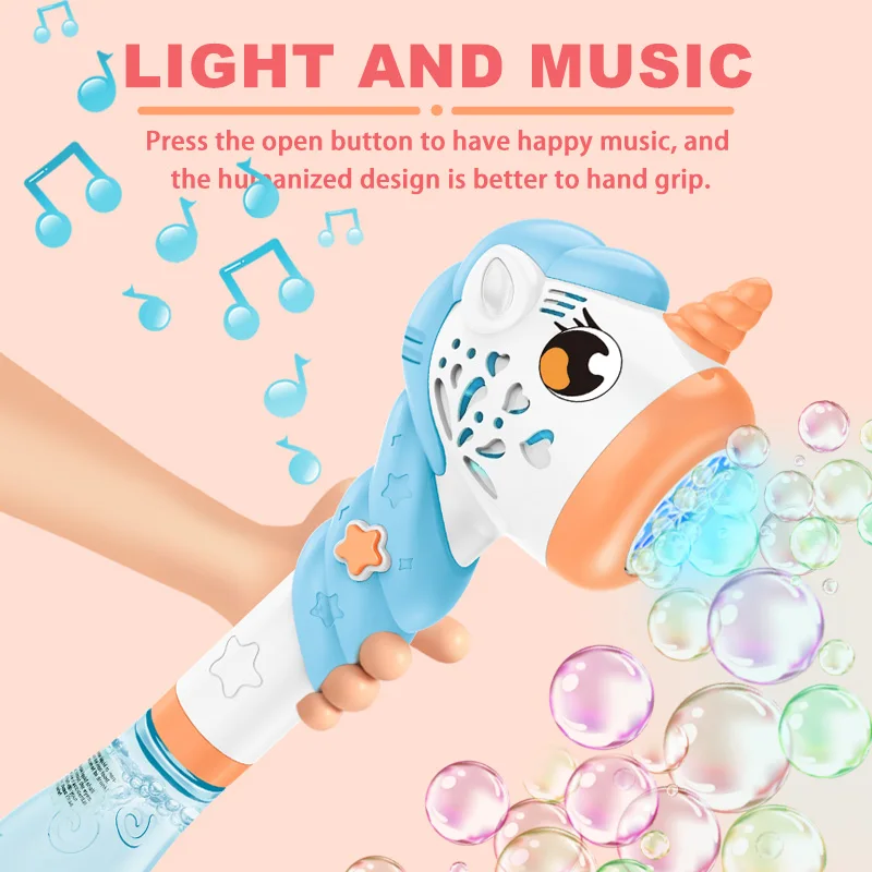 Cartoon Unicorn Outdoor Toy Battery Operated Soap Bubble Machine electric bubble wand unicorn with Light and Sound for Kids
