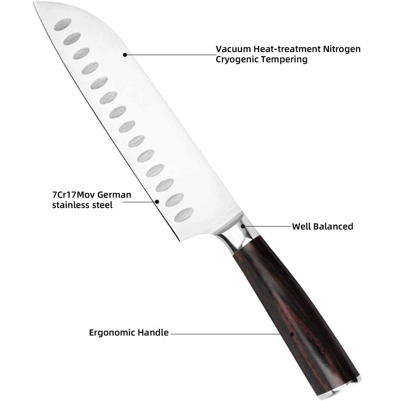 German 7 inch kitchen knife stainless steel santoku knife with pakka wood handle