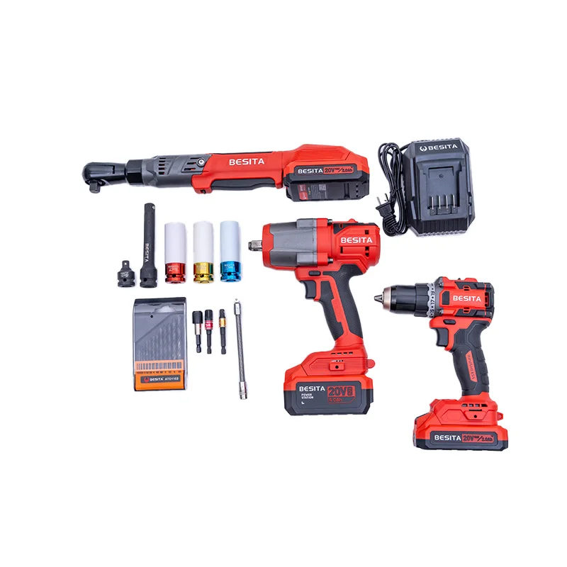 Electric Drill Impact Wrench Ratchet Wrench 3-in-1 Brushless Lithium Battery Tool Set Plastic Box Industrial Household 1 Set 20v