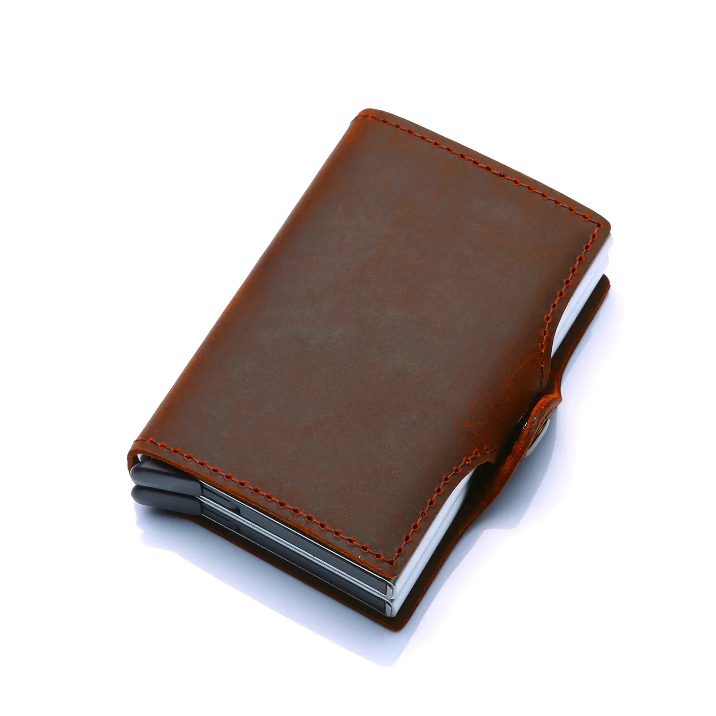 High capacity Double box Aluminum Genuine Leather RFID Safe Card Case Automatic Pop Up Credit Card Holder Case