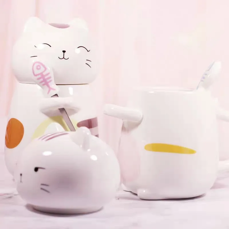 cartoon cute 3D cat shape ceramic mug with lid spoon for coffee/tea/milk/juice/gift  creative cup